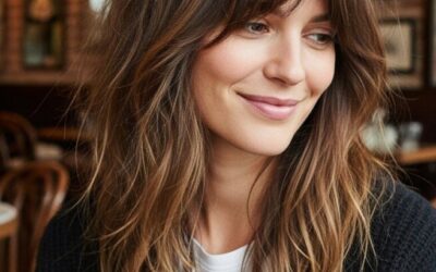 Style éternel pour femmes de 50 ans : le mi-long dégradé effilé agrémenté d’une frange élégante