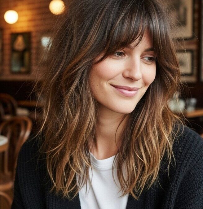 Style éternel pour femmes de 50 ans : le mi-long dégradé effilé agrémenté d’une frange élégante