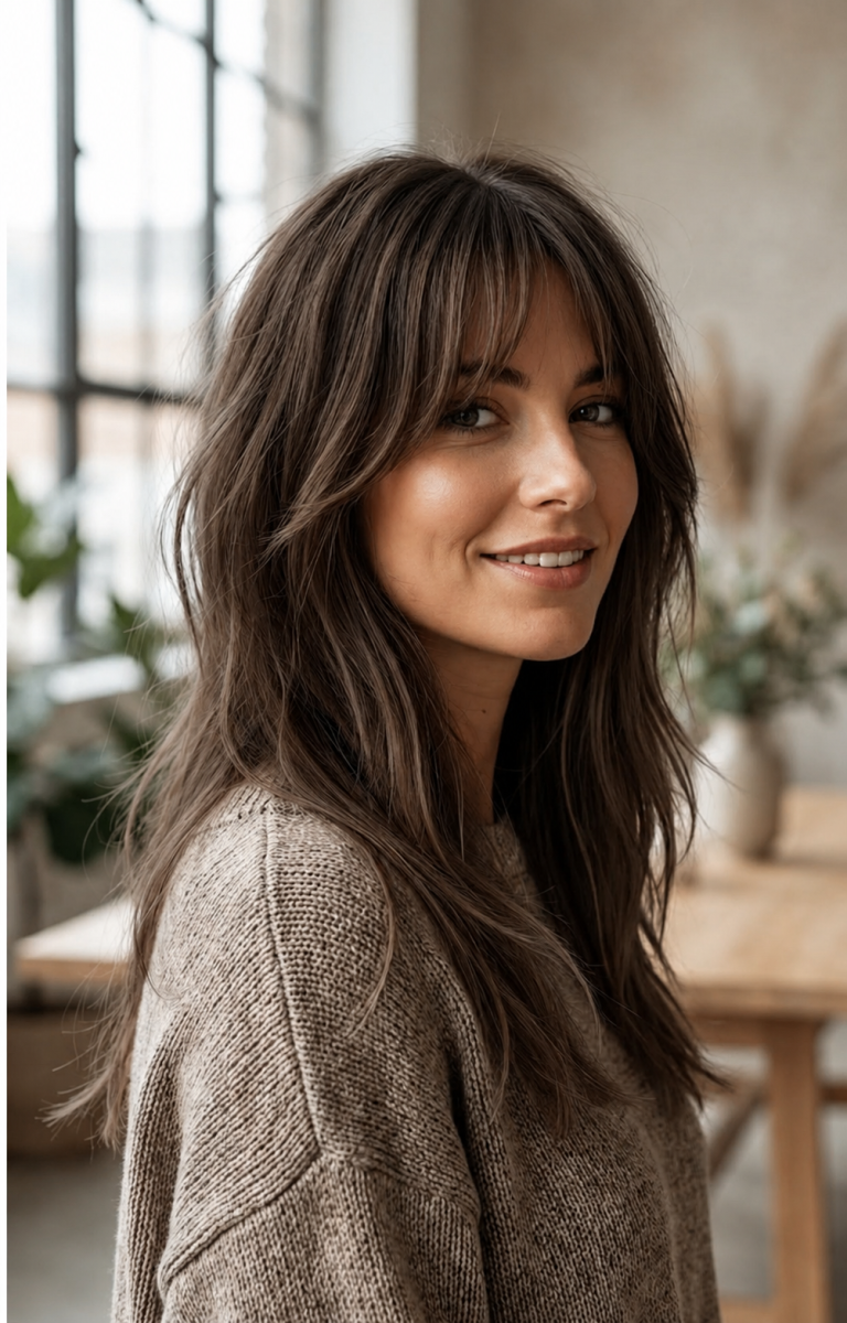Coupe mi-longue élégante frange